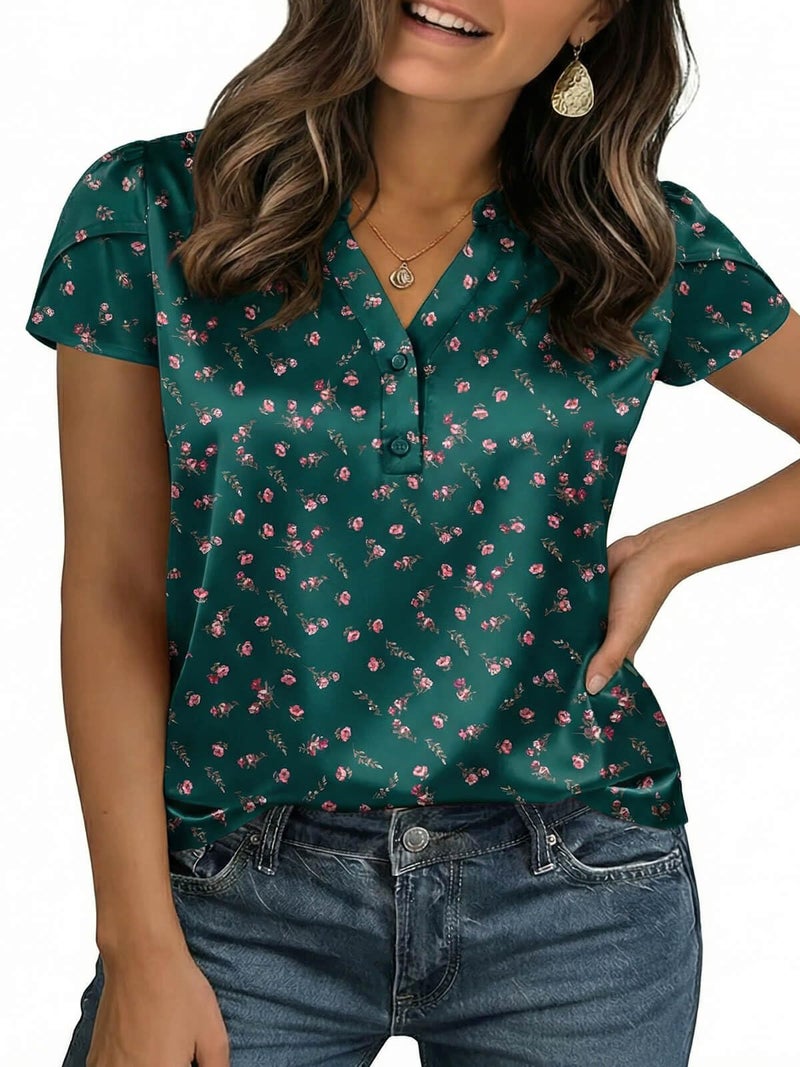Yousify Women Satin Blouse for Women Business Work Tops Casual Cap Sleeve V Neck Button Down Shirts(Green Flower,Small) - Image 2