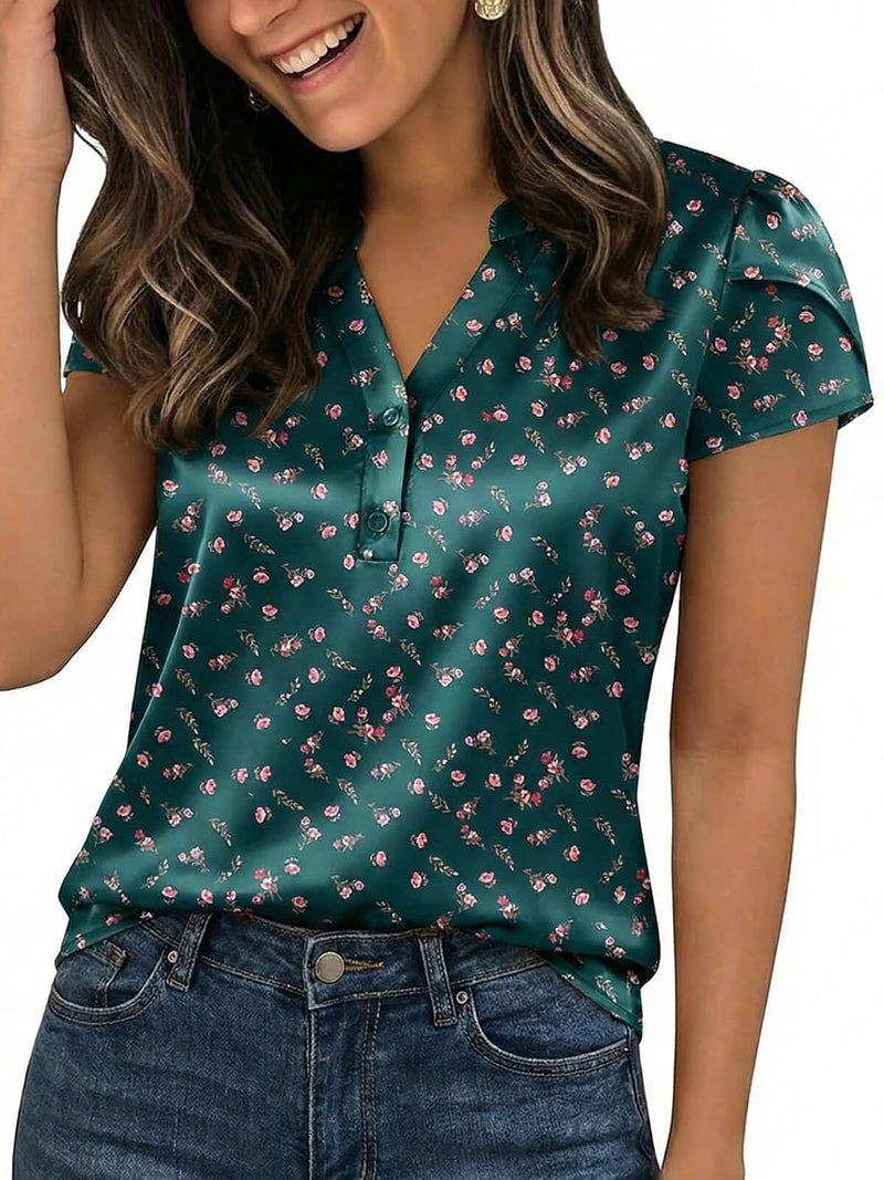 Yousify Women Satin Blouse for Women Business Work Tops Casual Cap Sleeve V Neck Button Down Shirts(Green Flower,Small) - Image 5