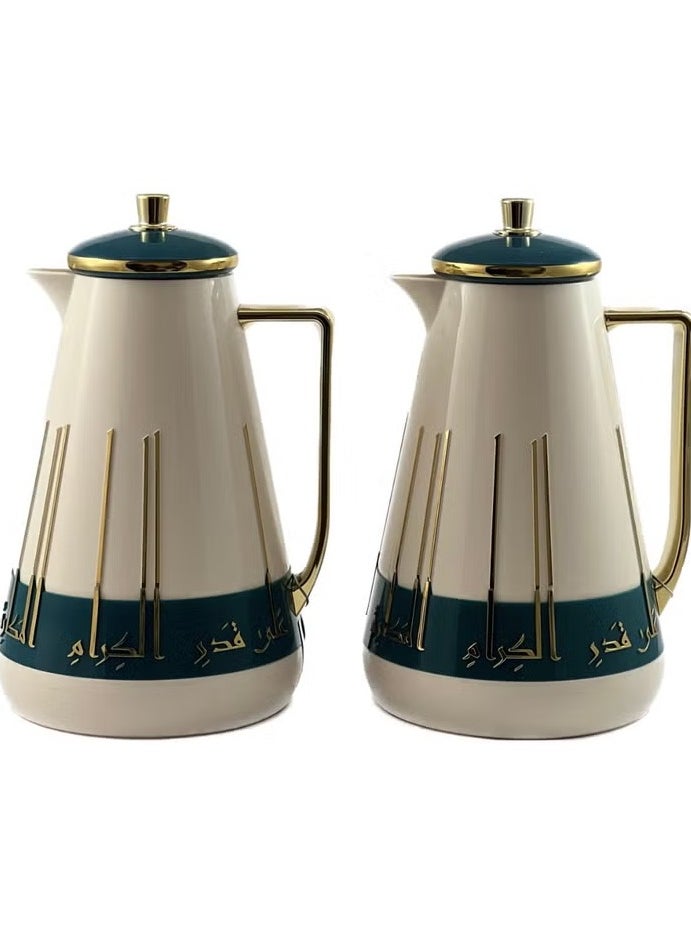 Homemaker 2-Piece Thermal Flask Set – 1L Each | Glass Inner, ABS Body, White/Petrol Green/Gold | Keeps Drinks Hot or Cold for Hours  - Image 2