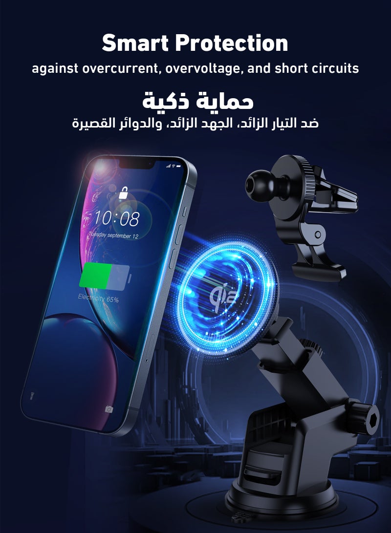 MagQ C1 15W Qi2 Wireless Car Charger is an innovative solution that combines fast charging ⚡, sleek design 🖤, and advanced technology 🔋, making it the perfect choice for users looking for a comfortable and safe charging experience while driving 🚗⚡. Compatible with iPhone 📱 and Samsung Galaxy S21/S22/S23 📱. - Image 5