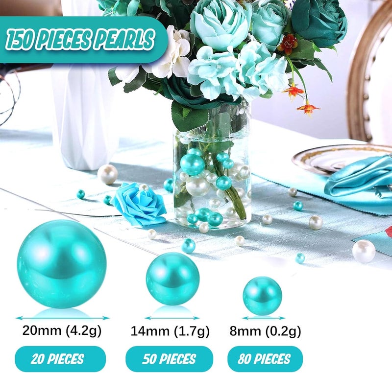 Luerbi 150 PCS Pearl for Vase Filler Pearls Bead with 8000 PCS Transparent Water Gels No Hole Makeup Beads for Brush Holder Assorted Round Faux Pearl Beads for Wedding Home Table Decor, 8/14/20 mm (Sky Blue) - Image 2