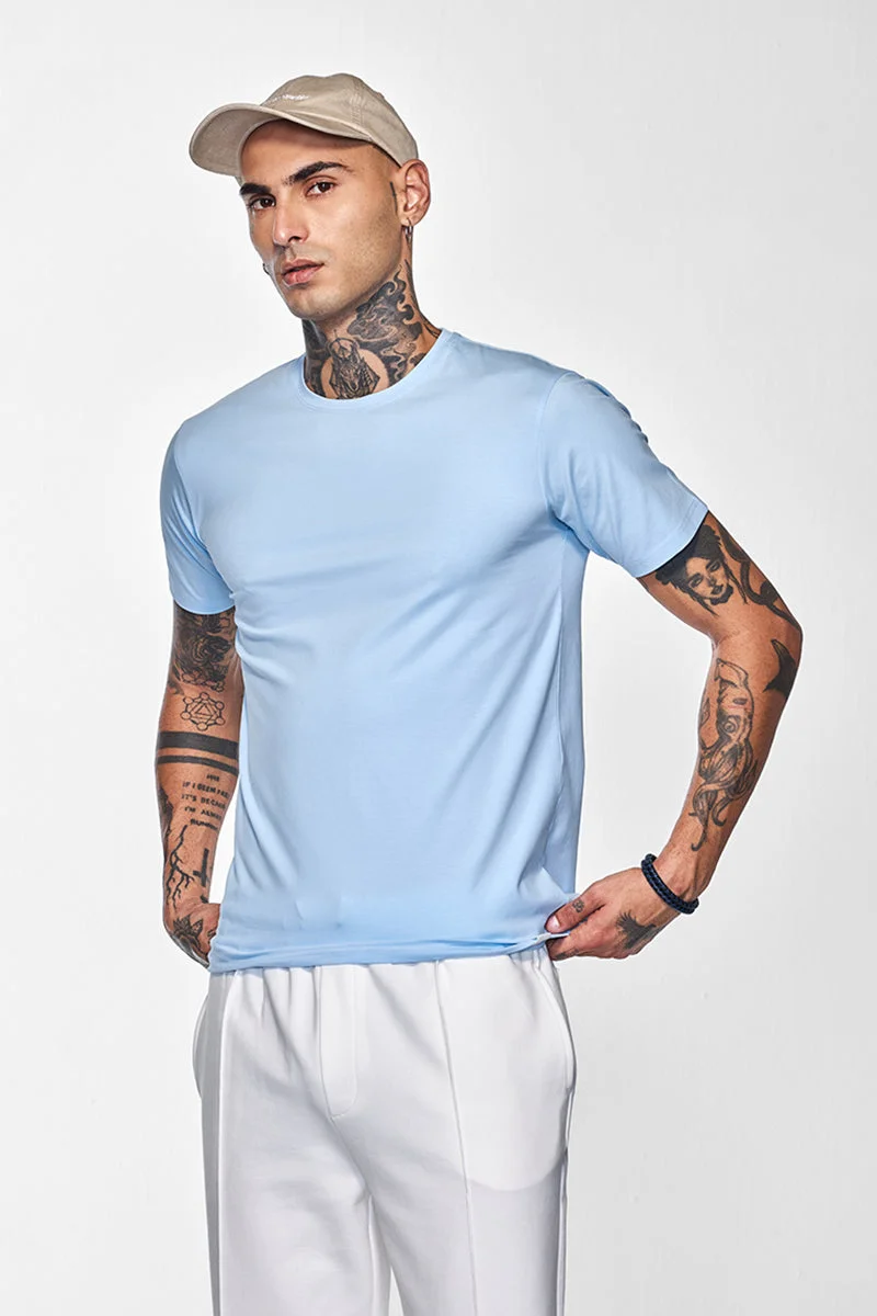 سنيتش Light Blue Solid Half Sleeve Slim Fit Casual T-Shirt
