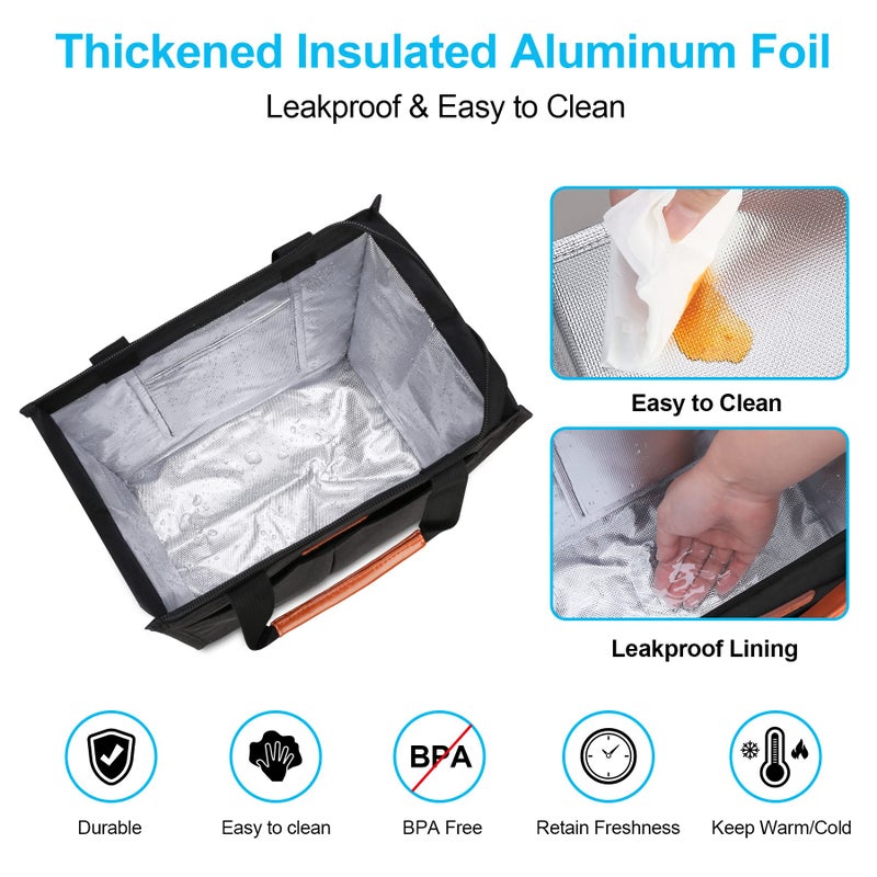 Lacdo حقيبة غداء لاكدو للنساء والرجال حقيبة غداء معزولة حقيبة توت مقاومة للماء قابلة لإعادة الاستخدام صندوق غداء مبرد ناعم مع جيوب للعمل والسفر والنزهات، أسود - Image 4