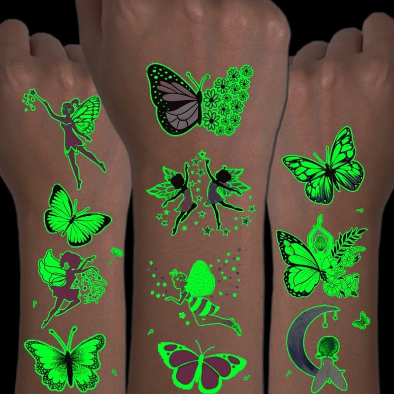 Luminous Butterfly Tattoos for Kids 14 Sheets Glow in The Dark Butterfly Fairy Temporary Tattoos for Girls Birthday Party Favors Goodie Bag Fillers