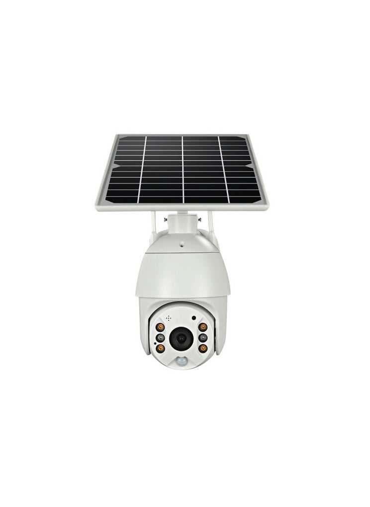 A solar-powered surveillance camera that supports a 4-megapixel data chip with a two-way talk feature