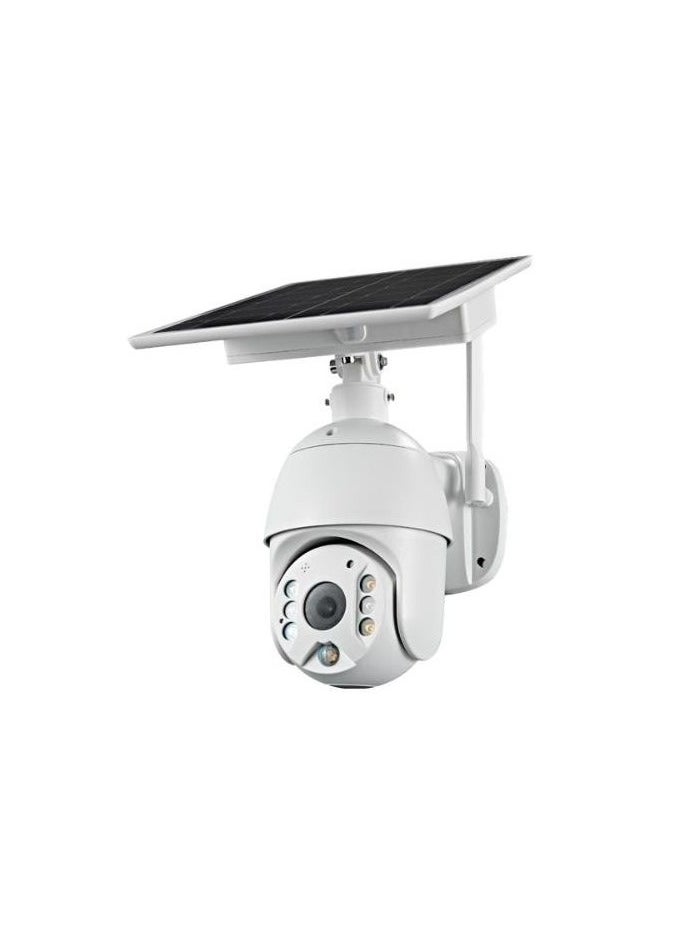 A solar-powered surveillance camera that supports a 4-megapixel data chip with a two-way talk feature