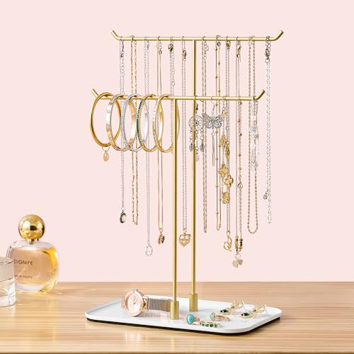 bussdis Gold Jewelry Organizer Necklace Holder Stand 2Tier TBar Display with White Metal Tray Holds Necklaces Bracelets Earrings Countertop Jewelry Tree - Image 1