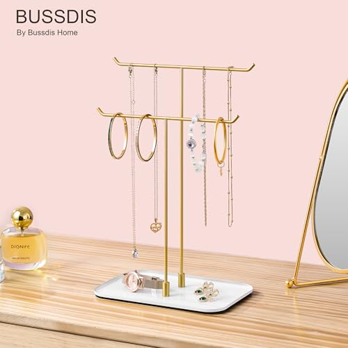 bussdis Gold Jewelry Organizer Necklace Holder Stand 2Tier TBar Display with White Metal Tray Holds Necklaces Bracelets Earrings Countertop Jewelry Tree - Image 3