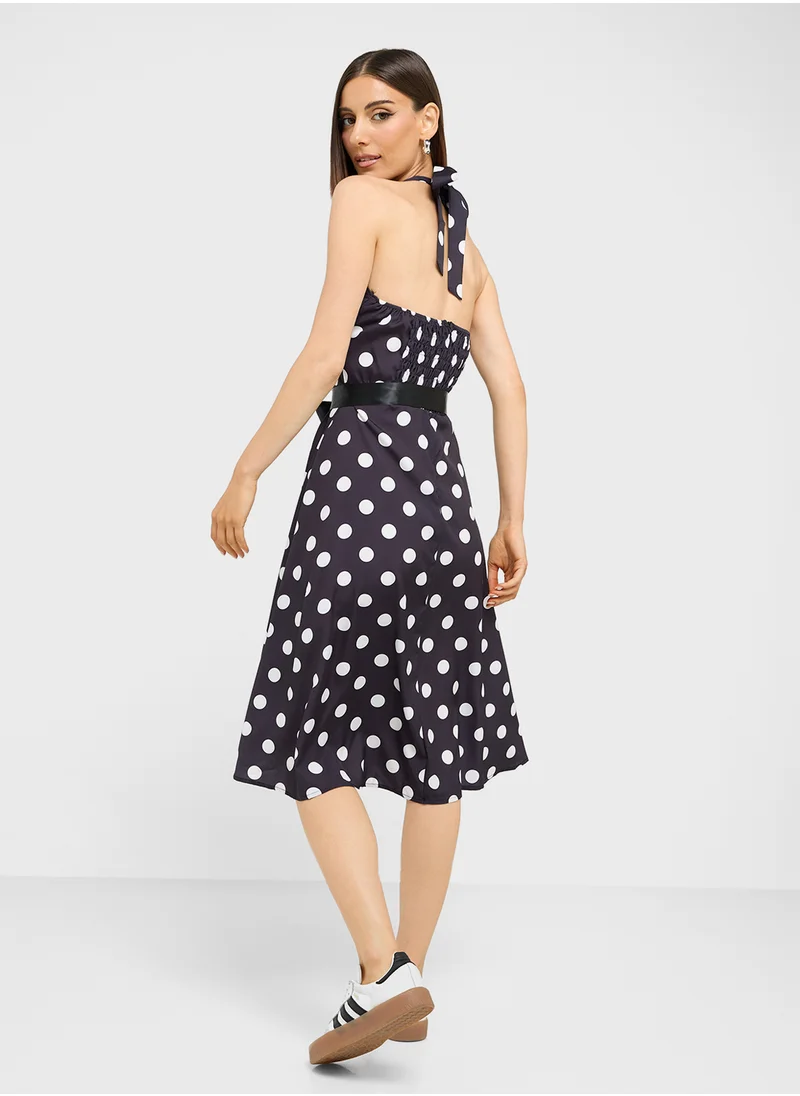 جينجر Halter Neck Polka Dot A Line Dress