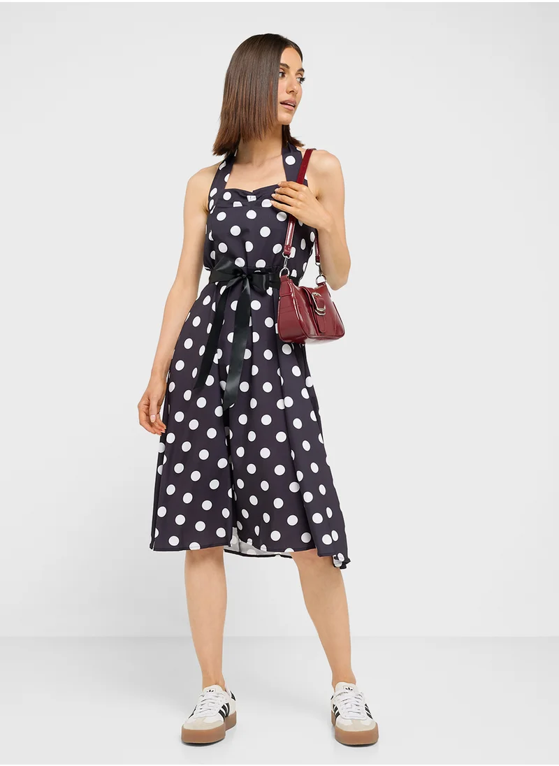 جينجر Halter Neck Polka Dot A Line Dress