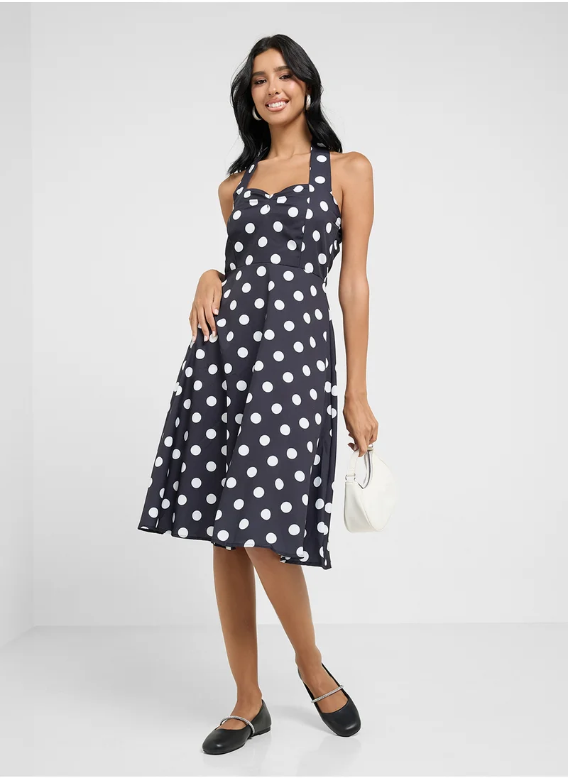 Ginger Halter Neck Polka Dot A Line Dress