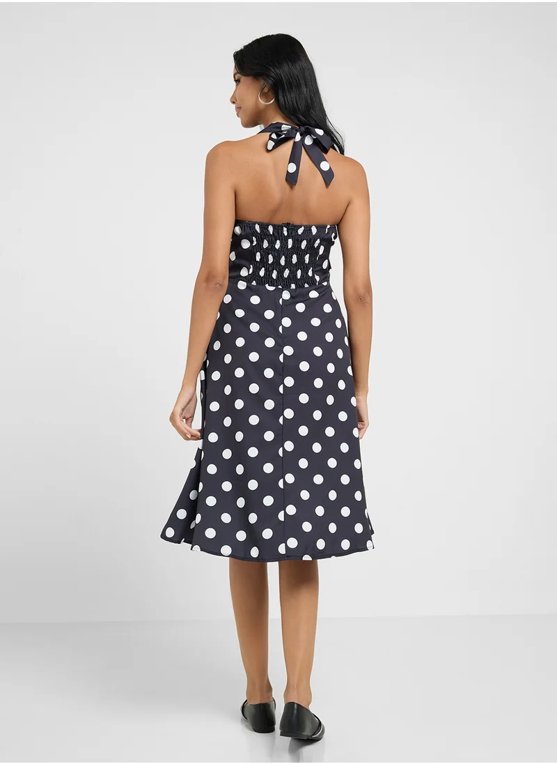Ginger Halter Neck Polka Dot A Line Dress