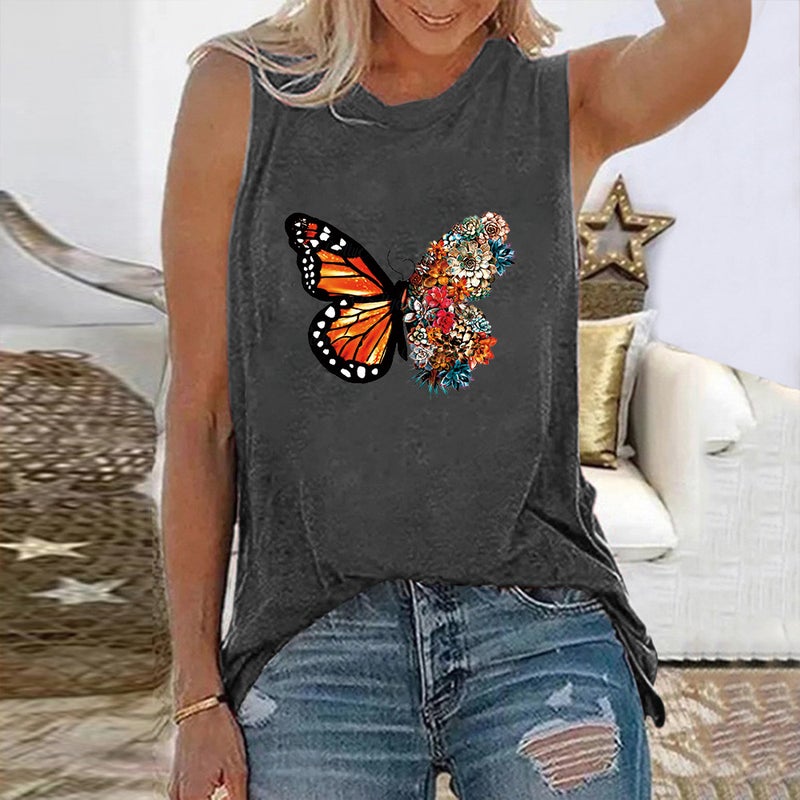 Summer foreign trade cross-border women's creative butterfly pattern printing round neck pullover sleeveless vest T-Shirt Color Dark gray L - Image 1