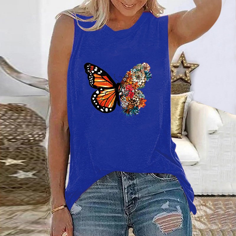 Summer foreign trade cross-border women's creative butterfly pattern printing round neck pullover sleeveless vest T-Shirt Color Dark gray L - Image 3