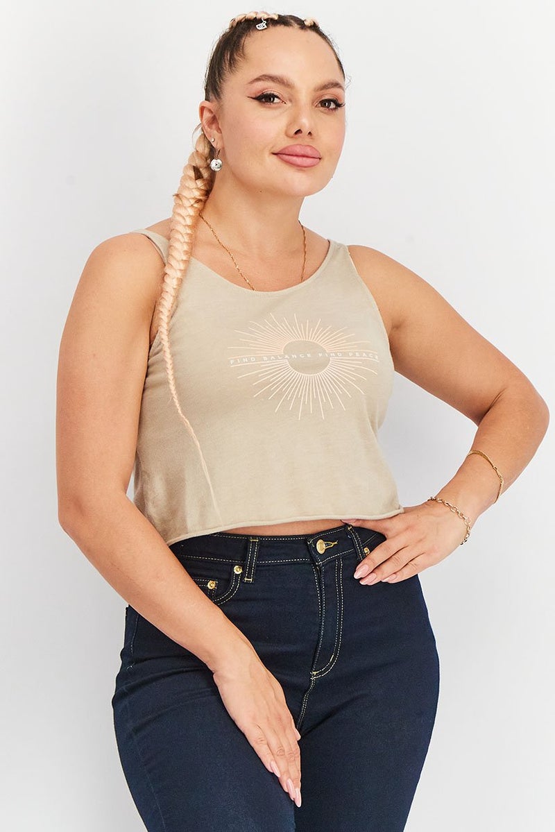 RUNWAY Women U-Neck Sleeveless Graphic Cropped Top, Taupe - Image 1