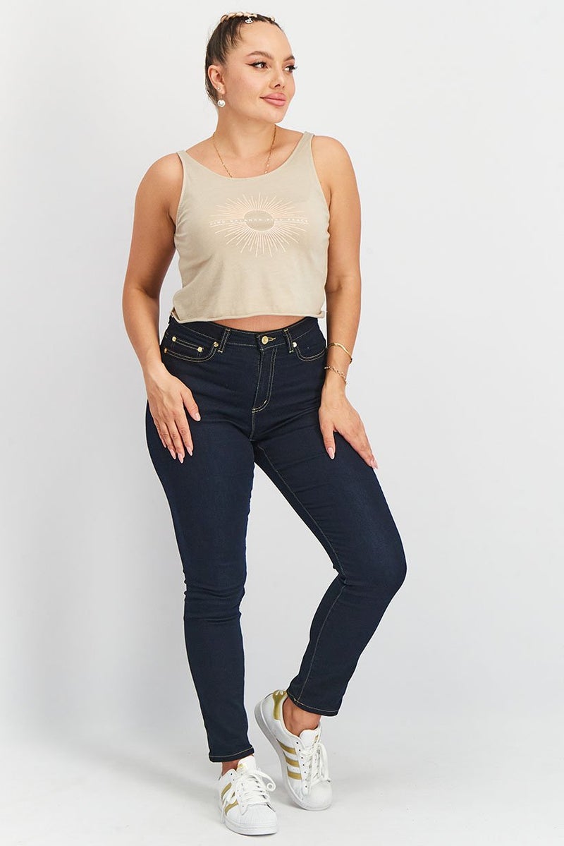 RUNWAY Women U-Neck Sleeveless Graphic Cropped Top, Taupe - Image 3