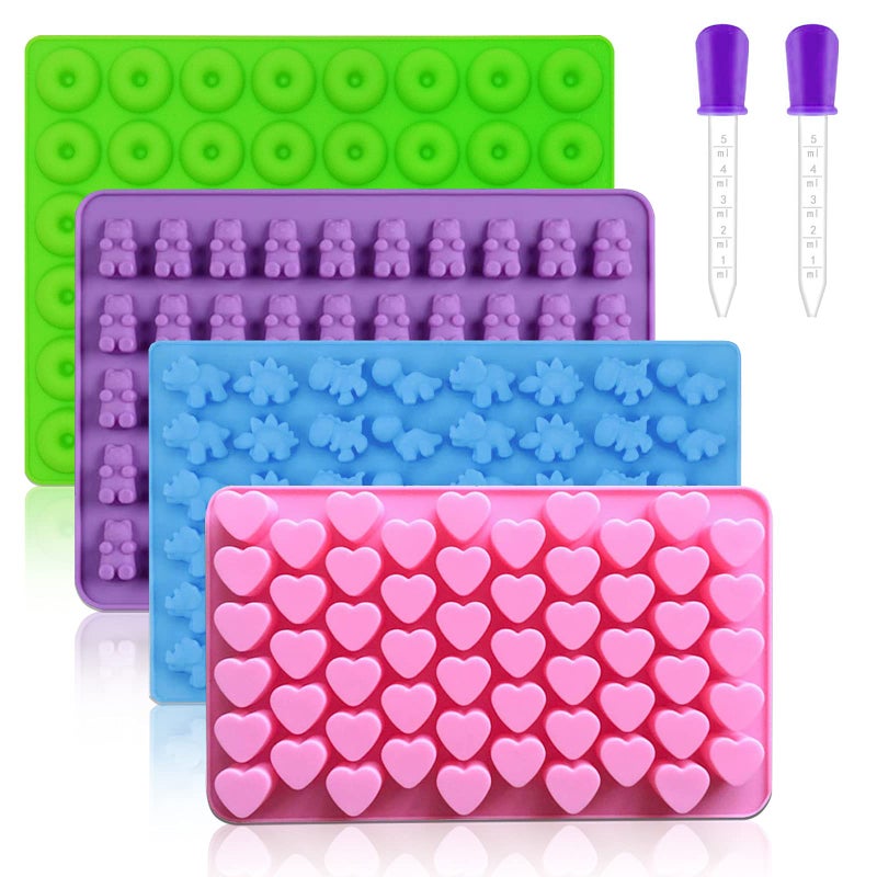 Pharamat Silicone Gummy Molds Set of 4 Candy Molds with 2 Droppers for Convenient Filling Chocolate Molds Set Includes Dinosaur Bear Donut and Heart Molds