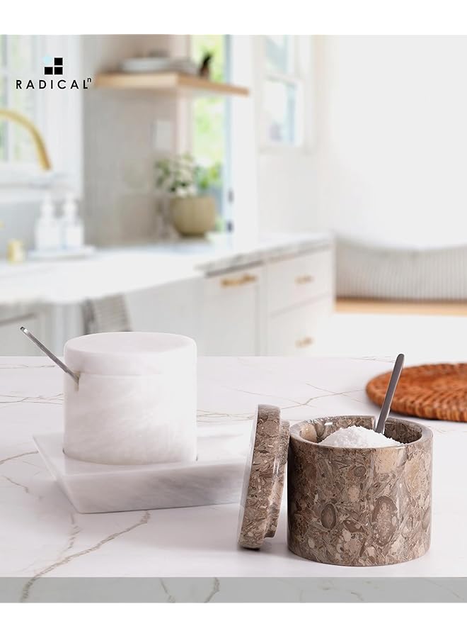 RADICALn Marble Salt Cellar With Lid & Tray Oceanic And White Handmade Set Of 2 Salt Box Seasoning Containers  Kitchen Table Decor Spice Jar, Sugar Container   Storage Box For Salt - Image 4