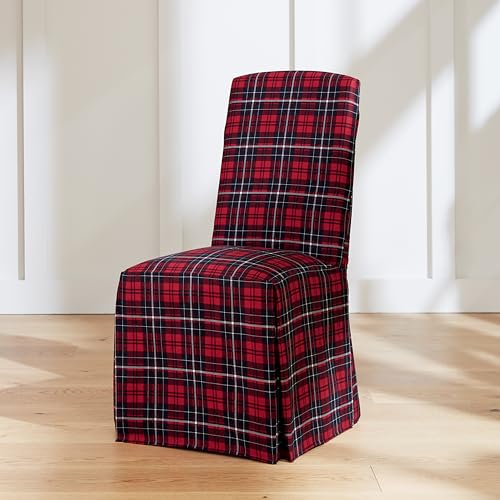 SureFit Cove Cotton Canvas Long Dining Room Chair Covers Dining Chair Cover with 17 Inch Long Skirt and Corner Pleats Removable and Machine Washable Set of 2 Dining Chair Covers Plaid - Image 1