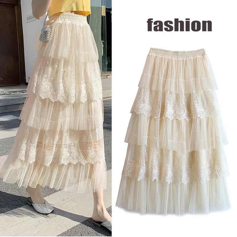 2024 Summer Lace Patchwork Fairy Tulle Skirt Black  - Image 3