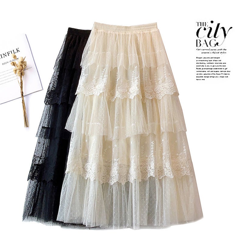 2024 Summer Lace Patchwork Fairy Tulle Skirt Black  - Image 2