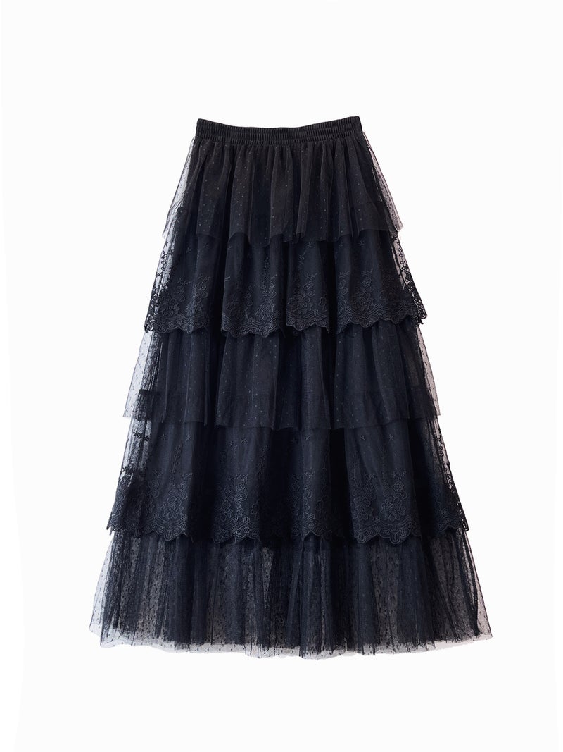 2024 Summer Lace Patchwork Fairy Tulle Skirt Black  - Image 1