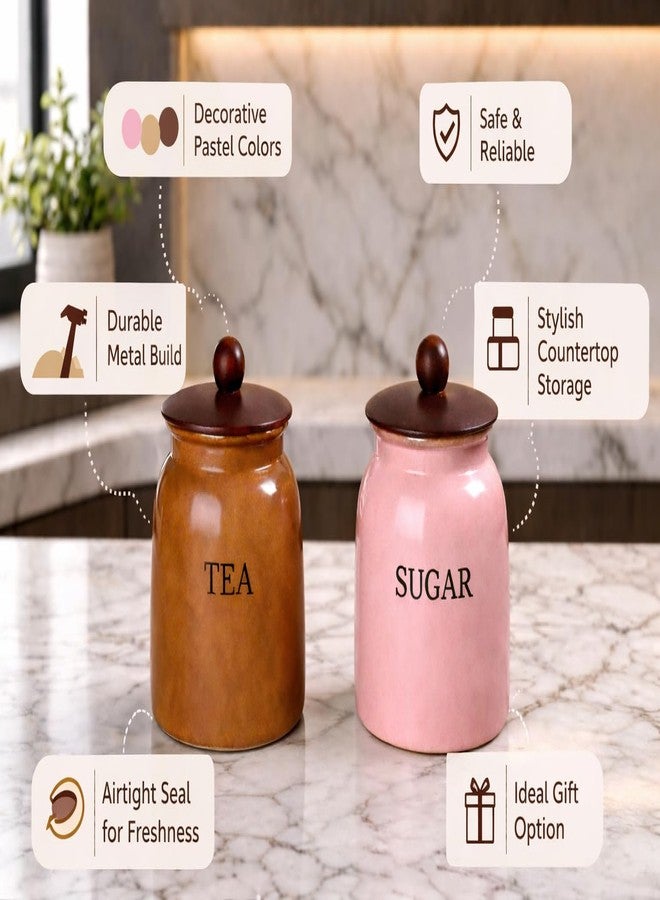 De Casa Decor طقم علب شاي وسكر معدنية من دي كاسا ديكور بأغطية خشبية، بني ووردي، طقم من قطعتين - Image 2