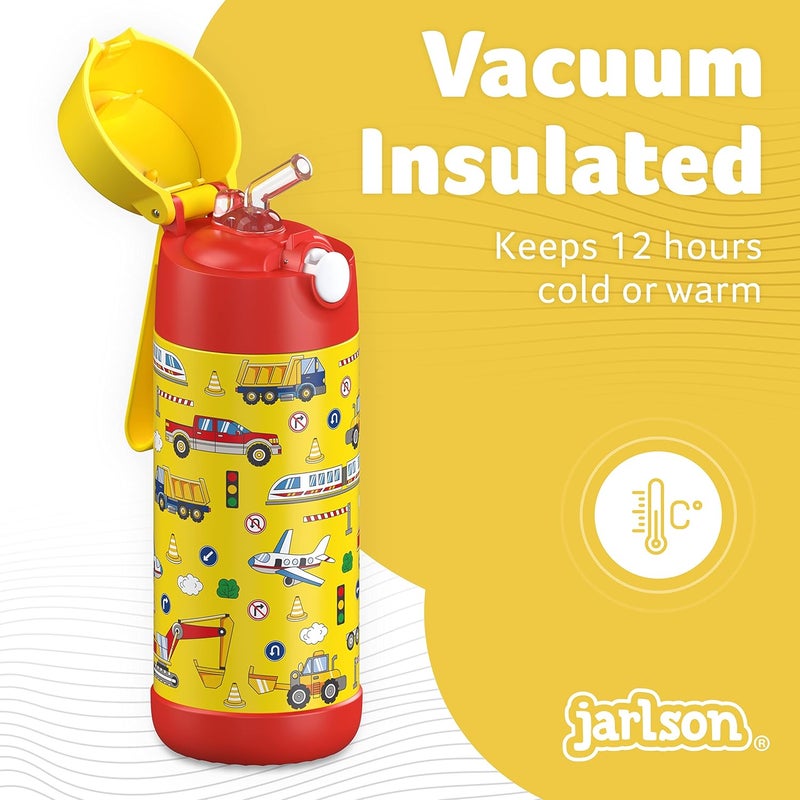Jarlson قارورة مياه أطفال جارلسون® شارلي [12 أونصة] - قارورة ترمس فولاذية مقاومة للصدأ مع قشة - قارورة مياه معزولة مقاومة للانسكاب للمدرسة والرياضة - كوب ترمس للأولاد والبنات (مركبات) - Image 2