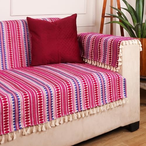 STITCHNEST Woven 1 Seater Sofa Protector with 2 Hand Rest Covers – Purple & White Stripe Design – Washable Fabric with Tassels – Stylish Sofa Cover for Modern Living Room & Furniture Décor - Image 1