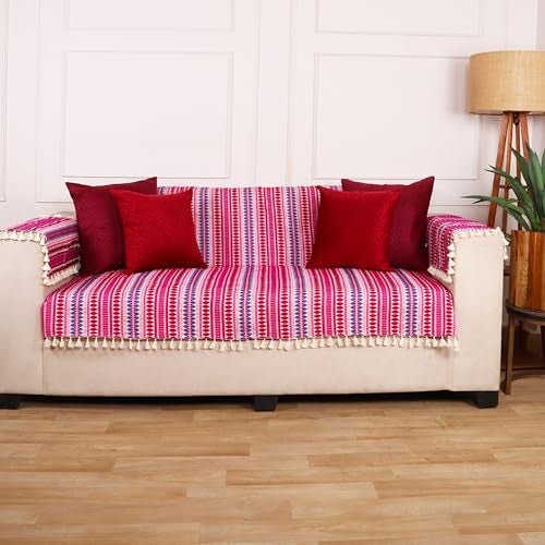 STITCHNEST Woven 1 Seater Sofa Protector with 2 Hand Rest Covers – Purple & White Stripe Design – Washable Fabric with Tassels – Stylish Sofa Cover for Modern Living Room & Furniture Décor - Image 4