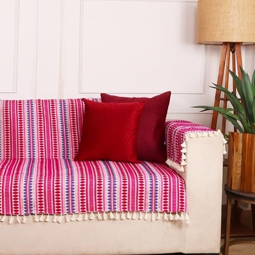 STITCHNEST Woven 1 Seater Sofa Protector with 2 Hand Rest Covers – Purple & White Stripe Design – Washable Fabric with Tassels – Stylish Sofa Cover for Modern Living Room & Furniture Décor - Image 5