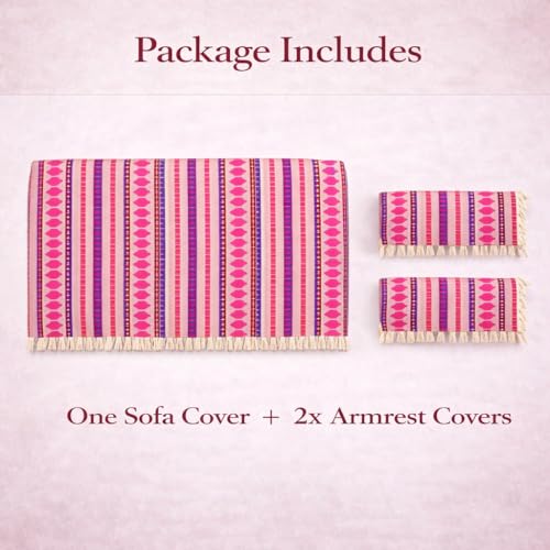 STITCHNEST Woven 1 Seater Sofa Protector with 2 Hand Rest Covers – Purple & White Stripe Design – Washable Fabric with Tassels – Stylish Sofa Cover for Modern Living Room & Furniture Décor - Image 2