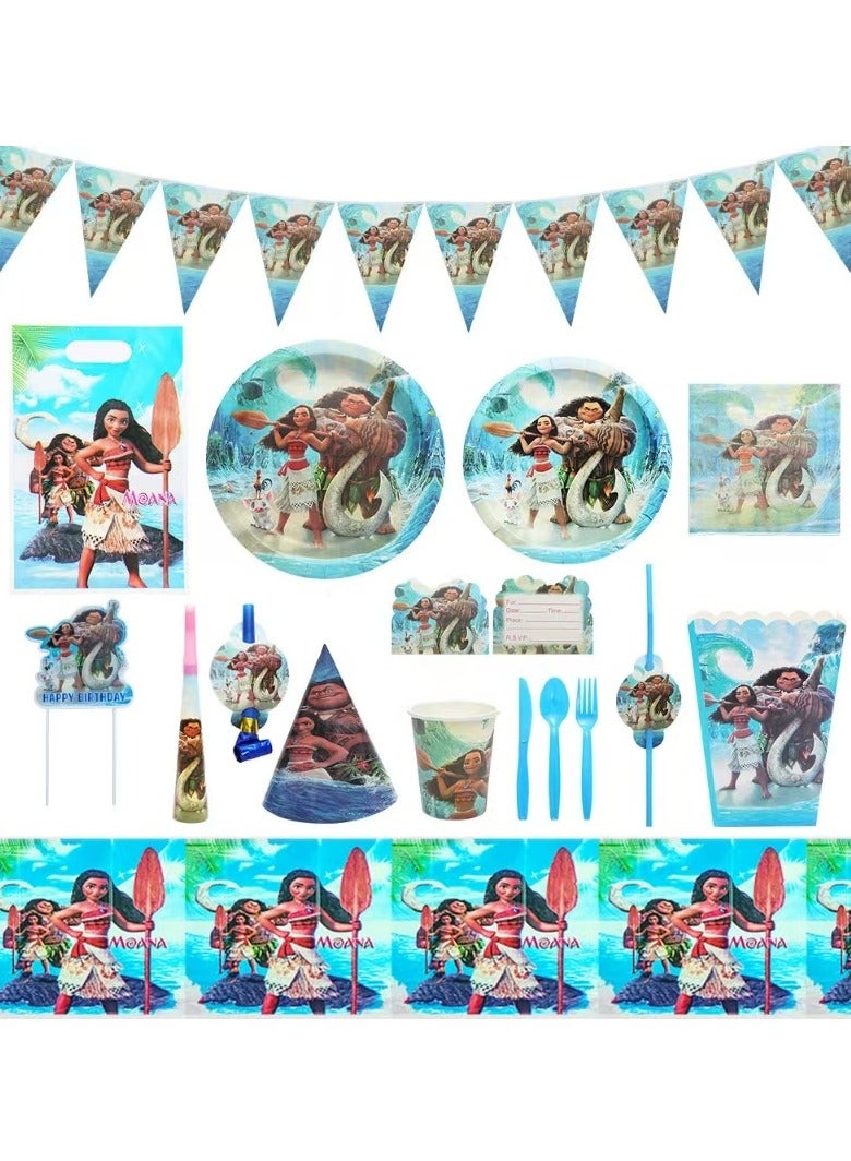 145 pieces of Moana-themed birthday party banner flags and disposable paper cups and tableware for New Year's Eve party, suitable for 10 guests, suitable as a gift for birthday parties or for boys and girls. - Image 1