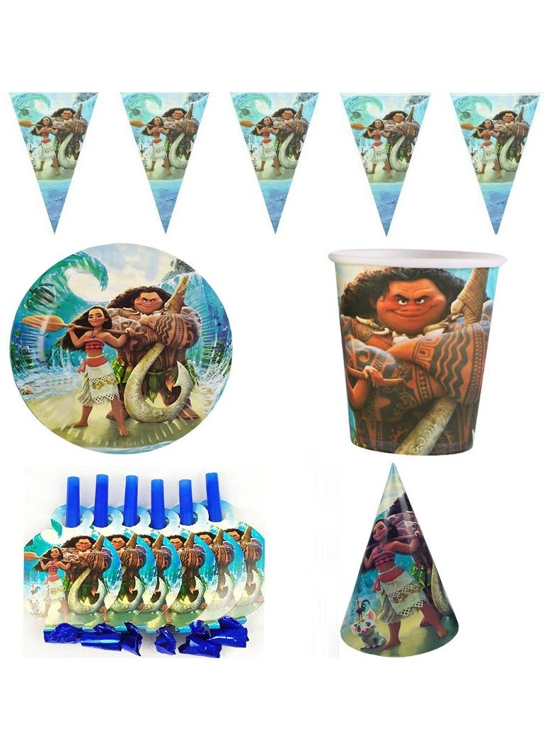 145 pieces of Moana-themed birthday party banner flags and disposable paper cups and tableware for New Year's Eve party, suitable for 10 guests, suitable as a gift for birthday parties or for boys and girls. - Image 2