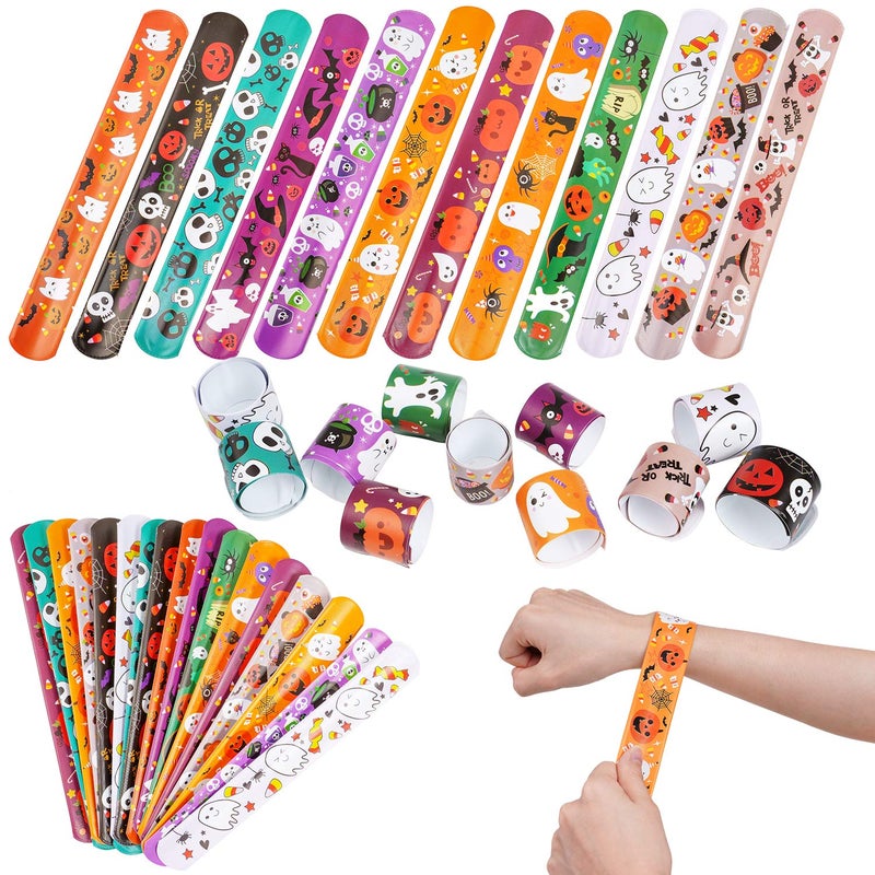 CCINEE 48pcs Halloween Slap Bracelets Assorted Bulk Pumpkin Zombie Witches Snap Bracelet Wristbands for Kids Halloween Party Gift Bag Filler Supply - Image 1