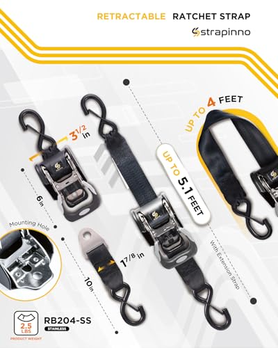 Strapinno 2PCS Stainless Steel Retractable Ratchet Straps (1 7/8 in x 4 ft) Heavy Duty Transom Tie-Downs with Extension Straps, Bolt Set & Safety Latch S-Hooks,for Boat,Break Strength 1,650LBS/750KG - Image 2