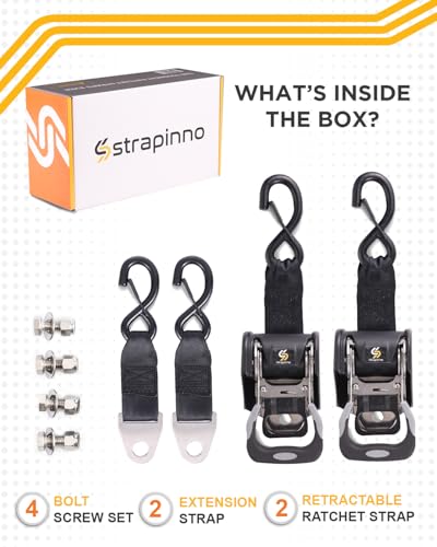 Strapinno 2PCS Stainless Steel Retractable Ratchet Straps (1 7/8 in x 4 ft) Heavy Duty Transom Tie-Downs with Extension Straps, Bolt Set & Safety Latch S-Hooks,for Boat,Break Strength 1,650LBS/750KG - Image 3
