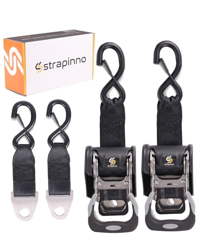 Strapinno 2PCS Stainless Steel Retractable Ratchet Straps (1 7/8 in x 4 ft) Heavy Duty Transom Tie-Downs with Extension Straps, Bolt Set & Safety Latch S-Hooks,for Boat,Break Strength 1,650LBS/750KG - Image 1