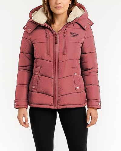 Reebok Womens Puffer Jacket - Heavyweight Puffer Coat with Faux Fur Trim Hood - Outerwear Down Winter Jackets for Women, Size Medium, Dusty Rose - Image 2