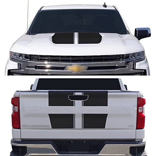 GOMU Hood & Tailgate Rally Style Stripes Graphic Overlay Pre Cut Vinyl Decal Compatible with Chevrolet Silverado 1500 2019-2021 - Matte Black - Image 1