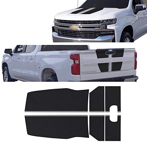 GOMU Hood & Tailgate Rally Style Stripes Graphic Overlay Pre Cut Vinyl Decal Compatible with Chevrolet Silverado 1500 2019-2021 - Matte Black - Image 2