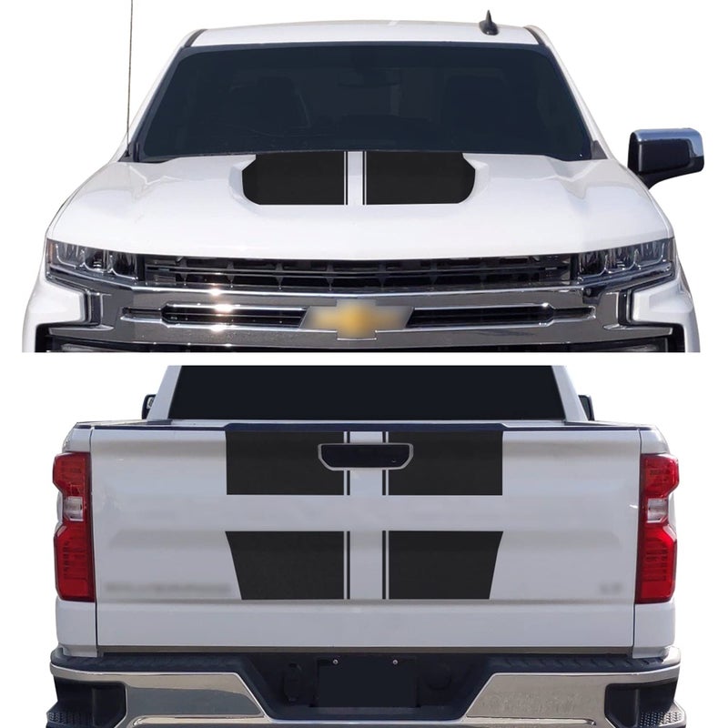 GOMU Hood & Tailgate Rally Style Stripes Graphic Overlay Pre Cut Vinyl Decal Compatible with Chevrolet Silverado 1500 2019-2021 - Matte Black - Image 5