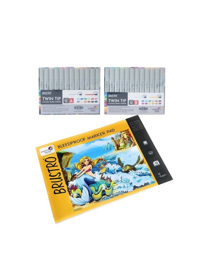 BRUSTRO مجموعة أقلام ماركر برسترو ذات طرفين قائمة على الكحول من 12 أساسي أ و 12 أساسي ب مع دفتر ماركر برسترو المقاوم للتسرب 70 جرام A4 (يحتوي على 50 ورقة) - Image 1