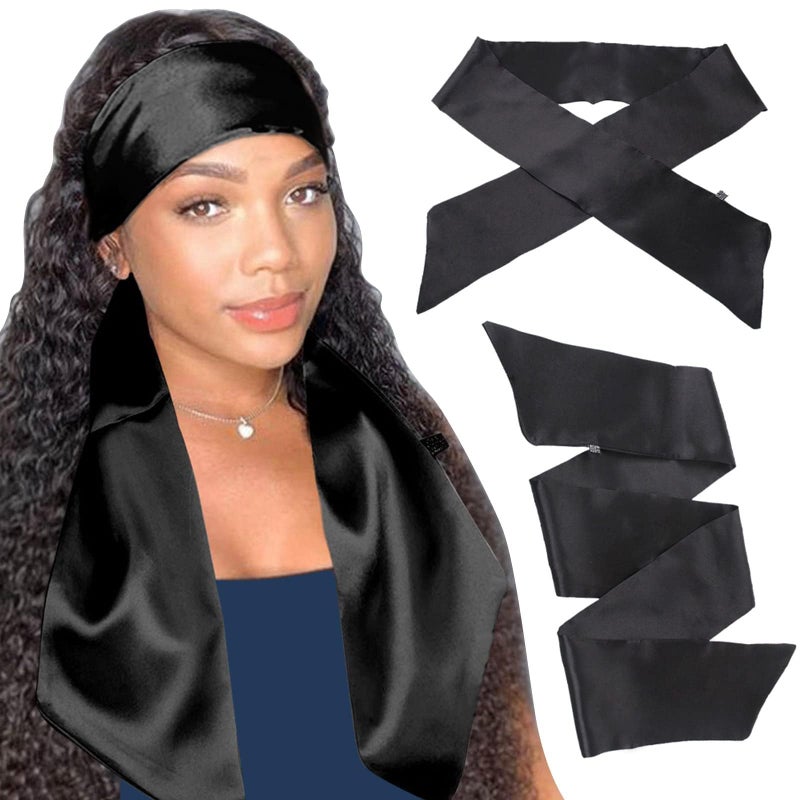XTREND 2Pcs Women's Satin Edge Scarves for Wigs 58 Inch Silk Edge Laying Scarf for Women Non Slip Hair Wrap Wigs Grip Band for Yoga, Makeup, Facial, Sport (2 pcs, Black#) - Image 1