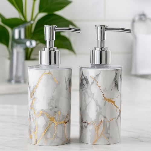 Emoh Roced Liquid Soap Dispenser 250ML – Refillable Unbreakable Plastic Bottle for Handwash, Sanitizer, Lotion, Shampoo – Bathroom, Kitchen, Sink, Shower, Wash Basin (White Marble, Pack of 2) - Image 1