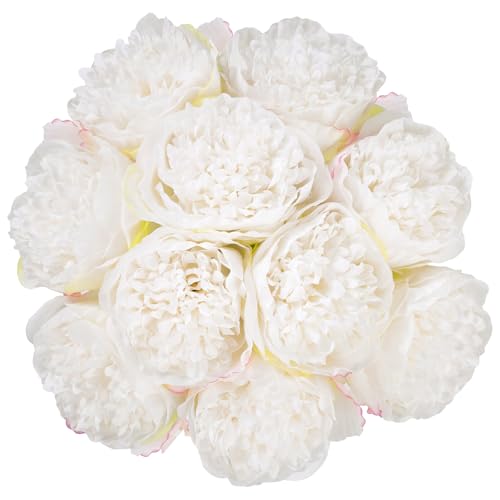 U'Artlines 20 Heads Artificial Peony Silk Flower Leaf Home Office Wedding Party Festival Bar Decor (Cream White) - Image 1