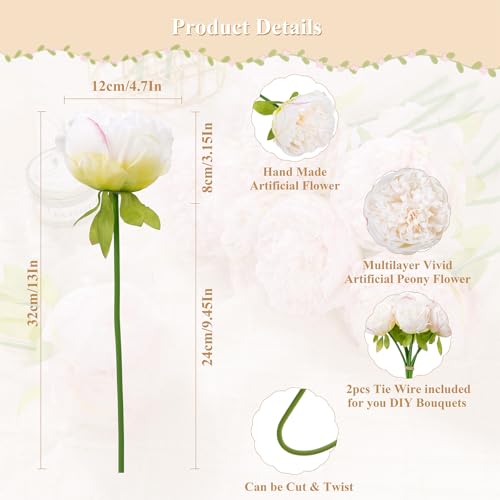 U'Artlines 20 Heads Artificial Peony Silk Flower Leaf Home Office Wedding Party Festival Bar Decor (Cream White) - Image 3
