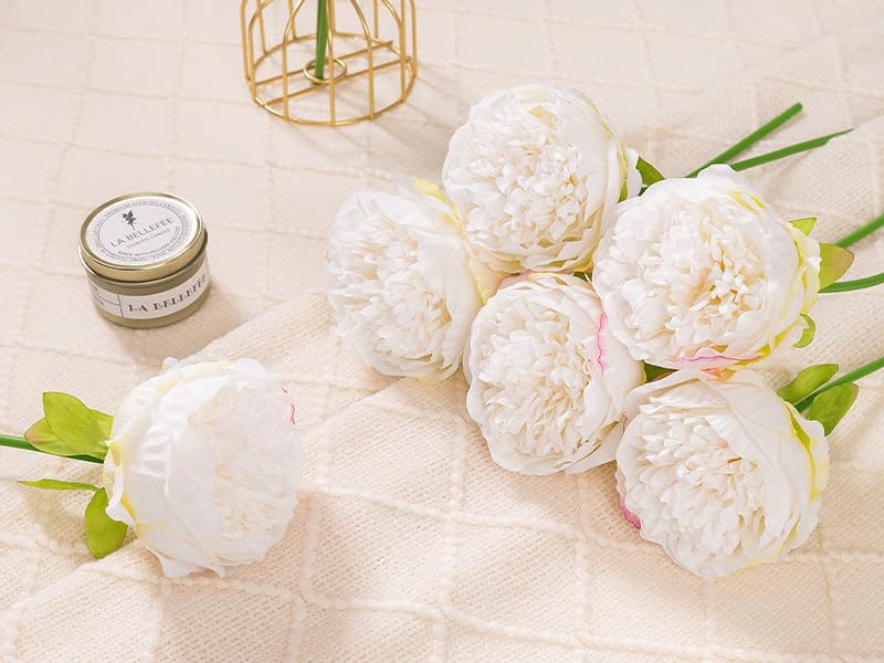 U'Artlines 20 Heads Artificial Peony Silk Flower Leaf Home Office Wedding Party Festival Bar Decor (Cream White) - Image 4