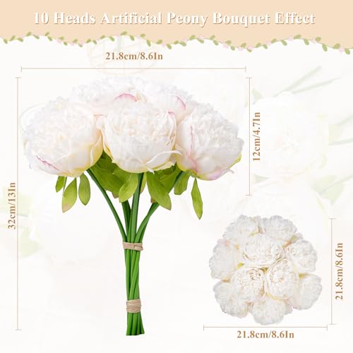 U'Artlines 20 Heads Artificial Peony Silk Flower Leaf Home Office Wedding Party Festival Bar Decor (Cream White) - Image 2