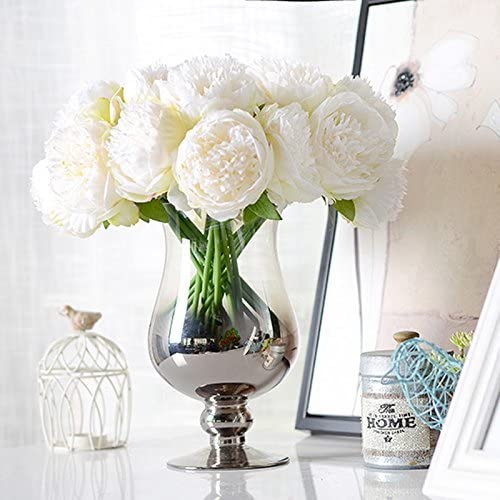 U'Artlines 20 Heads Artificial Peony Silk Flower Leaf Home Office Wedding Party Festival Bar Decor (Cream White) - Image 5
